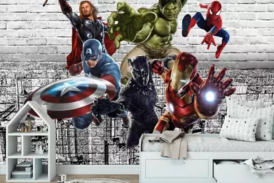 Marvel Super Heroes On White Brick Wall Kids Photo Wallpaper Modern Wall Decor • $140