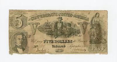 1861 T-37 $5 The Confederate States Of America Note - CIVIL WAR Era • $69