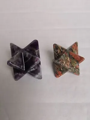 2xNatural Unakite2.5cm&Amethyst 3cm Crystal Merkaba Star Healing SpiritualDivine • £6.49