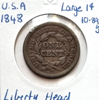 $24 • Buy 1848 USA: Large One Cent 1c Coin - Liberty Head / Braided Hair - 175 Years Old