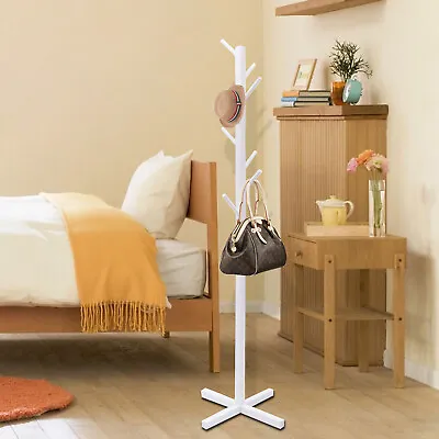 Coat Rack Wooden Clothes Stand Home Entryway Organizer W/4Anti-slip Pads+8 Hooks • $21.85