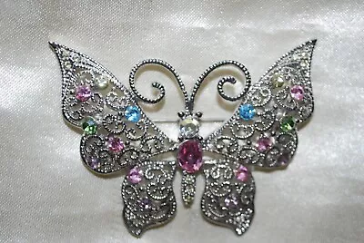  Silver Filigree Crystal Butterfly Pin Cocoon Moth Dragonfly Wings Garden B6 • $14.99