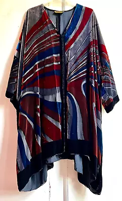 Stunning *HAMPSTEAD BAZAAR* Red Blue Silk Devoré Velvet Kimono Jacket Coat Plus • £85