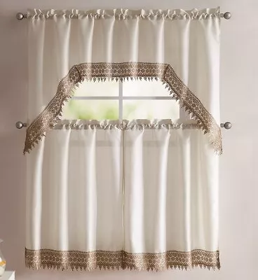 Embroidered Lace And Faux Silk Kitchen Curtain Set 36  Long • $17.98