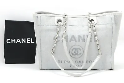 CHANEL Deauville Chain Shoulder Bag Tote Canvas Purse Leather MM Gray Authentic • $2189
