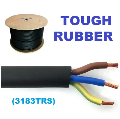 Rubber Cable Flex 3 Core H05RR-F 3183R HEAVY DUTY 0.75mm 1mm 1.5mm 2.5mm Black • £9.90