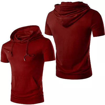 Men's Hooded T-Shirt With Pocket Short Sleeve Hoodie Running Shirt Tops Casual • $18.19