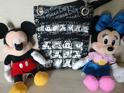 Disney Minnie Mouse/ Daisy Black Crossbody Bag 8 Inch & 1 Mickey & 1 Minne Plush • $11