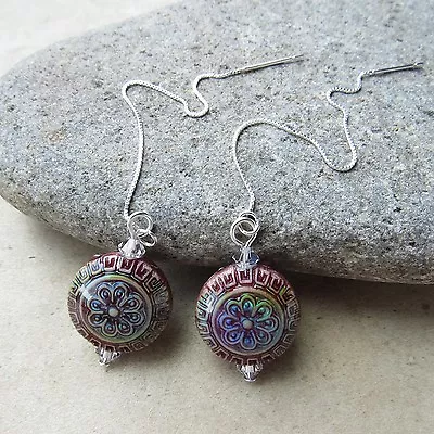 Flower Blossom Multi-Color Changing Mood Bead Sterling Silver Threader Earrings • $24.99