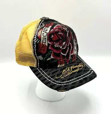 ED HARDY Snapback Trucker Hat Rose Rhinestones Love Yellow Black Mesh Cap • $39.98