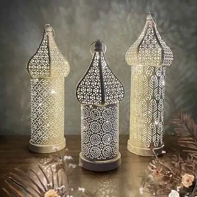 Morocco White Hollow Wrought Iron Lantern Led Wind Lamp Decoration • $25