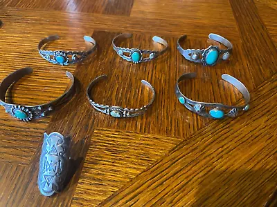 7 Pieces Of “Navajo” Fred Harvey Era Sterling Silver & Turquoise Bracelet & Ring • $225