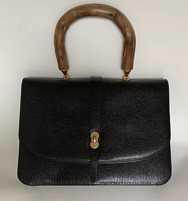 Vintage Zgor Black Snake Embossed Leather Handbag Bamboo Handle Red Lining • $58