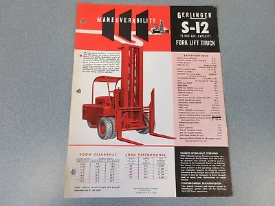 Old 1954 Gerlinger S-12 Forklift Sales Sheet 12000 Pound Pallet Truck • $40