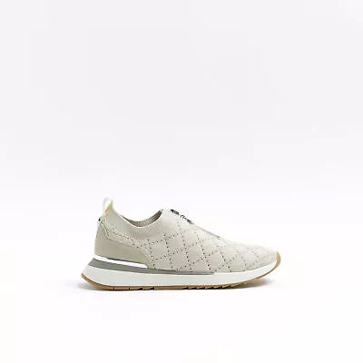 River Island Womens Trainers Beige Knitted Zip Sneakers Pull On Tab Zip Shoes • £28