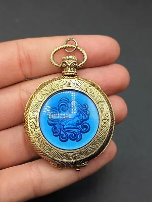 Vintage MAX FACTOR Aquarius Zodiac Solid Perfume Pocket Watch Compact Blue Gold  • $25