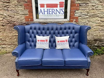 *Blue Leather Queen Anne Chesterfield Sofa 3 Seater FREE DELIVERY 🚚 • £600