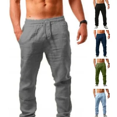 Mens Cotton Linen Casual Sports Breathable Pants Running Loose Yoga Trousers UK • £10.29