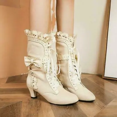 Women Steampunk Round Toe Lolita Kitten Heel Mid-Calf Boots Bowknot Shoes US10 • $47.99