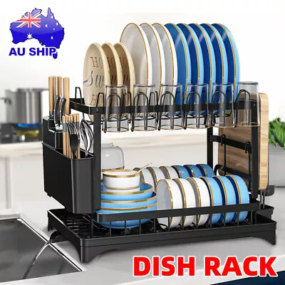 2 Tier Dish Rack Drainer Drying Plates Bowls Mugs Kitchen Utensil Cutlery Holder • $39.25