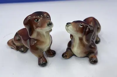 Dachshund Puppies Porcelain Dogs Ornament Small Brown Pair Ceramic Whimseys • £29.47