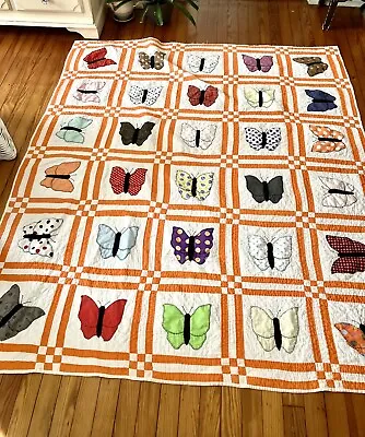 Vintage Handmade Butterfly Quilt Block Orange Boarder 85x73 Large • $375