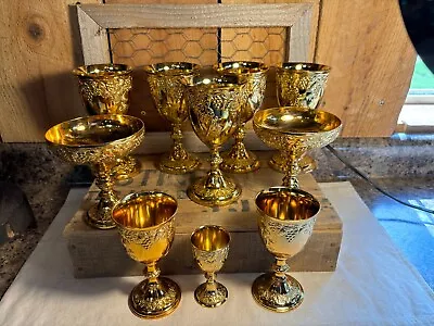 Set Of 10 Vintage Holiday Imports Gold Metal Grapes Pattern Stemmed Goblet Cups • $129.99