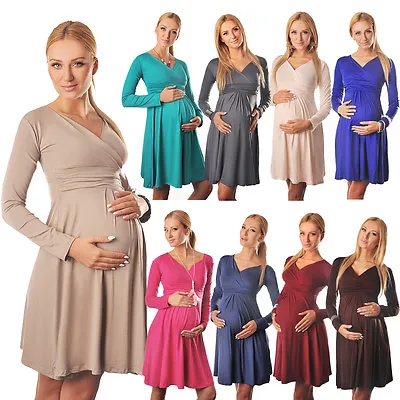 Long Sleeve Maternity Vneck Dress Pregnancy Top Tunic Size 8 10 12 14 16 18 4419 • £7.98