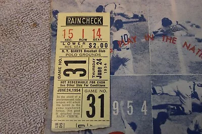 1954 (June 24) New York Giants Baseball Ticket Stub Vs. Milwaukee Braves • $24.99