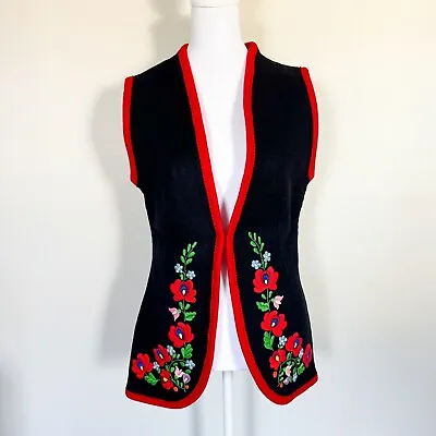 Vintage Hungarian Matyo Felted Embroidered Folk Floral Red Vest Waistcoat 36 • $49