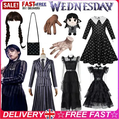 £33.99 • Buy Wednesday The Addams Family Costume Girls Fancy Dress Wig Bag Party Outfit LOT 