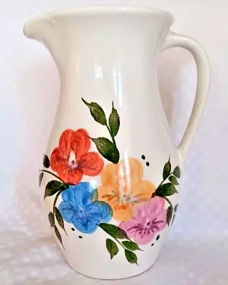 Emerson Creek Pottery VA Floral 8” Pitcher Earthenware Blue Yellow Lilac • $19.95