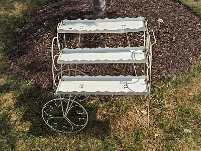 MCM 3 Tier Metal Flower Cart Plant Stand Shelf Patio White Wheelse • $249.96