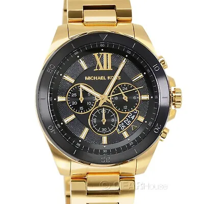 Michael Kors Brecken Mens Gold Chronograph Watch Black Dial Stainless Steel Band • $115.80