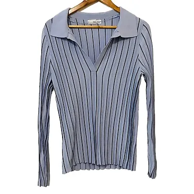 $24.95 • Buy MNG Mango Women's Size XL Baby Blue Striped Pleated Collared Knit Sweater Jumper