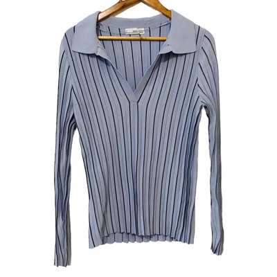 $2.99 • Buy MNG Mango Women's Size XL Baby Blue Striped Pleated Collared Knit Sweater Jumper