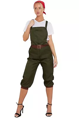 1940s WW2 Ladies Wartime Fancy Dress Up Costume Green Dungarees Top & Headscarf • £15.99