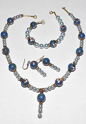 Vintage Murano Venetian 3pc Glass Bead Necklace Set Floral & Solid Two-Tone Blue • $69