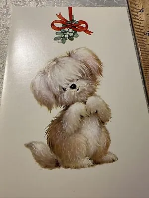 Vtg Christmas Card Dog Puppy Under Mistletoe White Fluffy Long Hair Maltese • $4.99