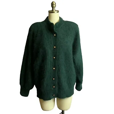 Belldini Vintage Cardigan Sweater Angora Rabbit Fur Balloon Sleeve Women L Green • $78.90