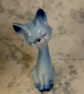 Vtg MCM Ceramic Anthropomorphic Long Neck Cat Blue Kitsch 8” Eyes Closed Sitting • $15.79