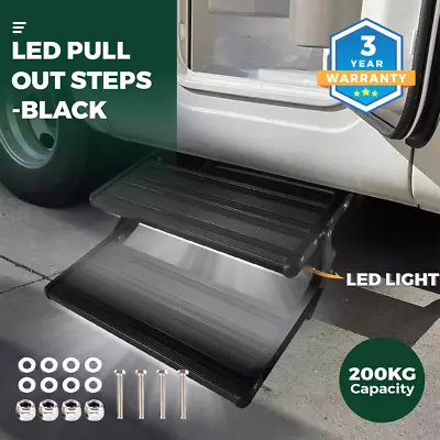 Double Caravan Step Black Pull Out Folding Aluminium LED Step-Illuminate Your RV • $212.40