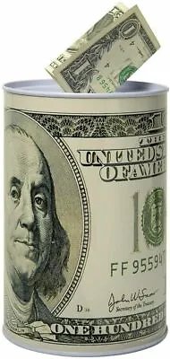 $100 Dollar Bill Metal Money Coin Piggy Bank Coin Saver 5.7/8  Tall 4  Diameter  • $11.95