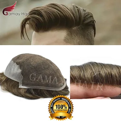 Mens Toupee French Lace Human Hair Front Bleached Knots Wig Hairpiece For Men Q6 • $229