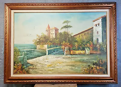 Retro Mediterranean Seaside Village Impressionist Oil Painting~Brian Roche~ • $74.95