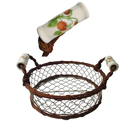Vintage 80’s Chicken Wire Strawberry Ceramic Handles Round Egg Basket Farmhouse • $24.70