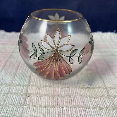 Vintage Pink - White- Gold Clear Glass Bowl Bohemian Style Romania Crystal Vase • $11.77