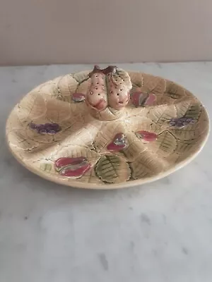 Vtg Majolica Fruit Serving Divided Plate Tray W/Toothpick Holder.  Japan • $25