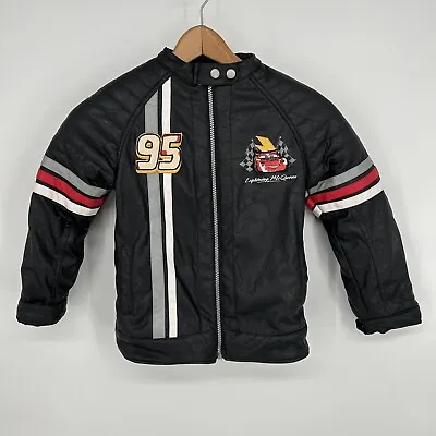 Disney Boys Black Lightning McQueen Faux Leather Jacket Full Zip Size 5/6 • $17.99