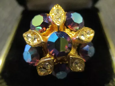 Vintage Chunky Glass Crystal Aurora Borealis Rhinestone Cocktail Adjustable Ring • $29.99